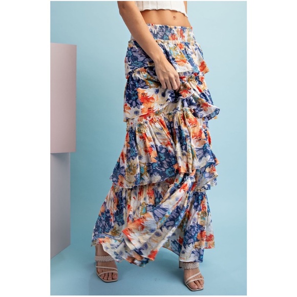 029 Boho Floral Tropical Print Smocked Waist Maxi Skirt - Picture 4 of 8